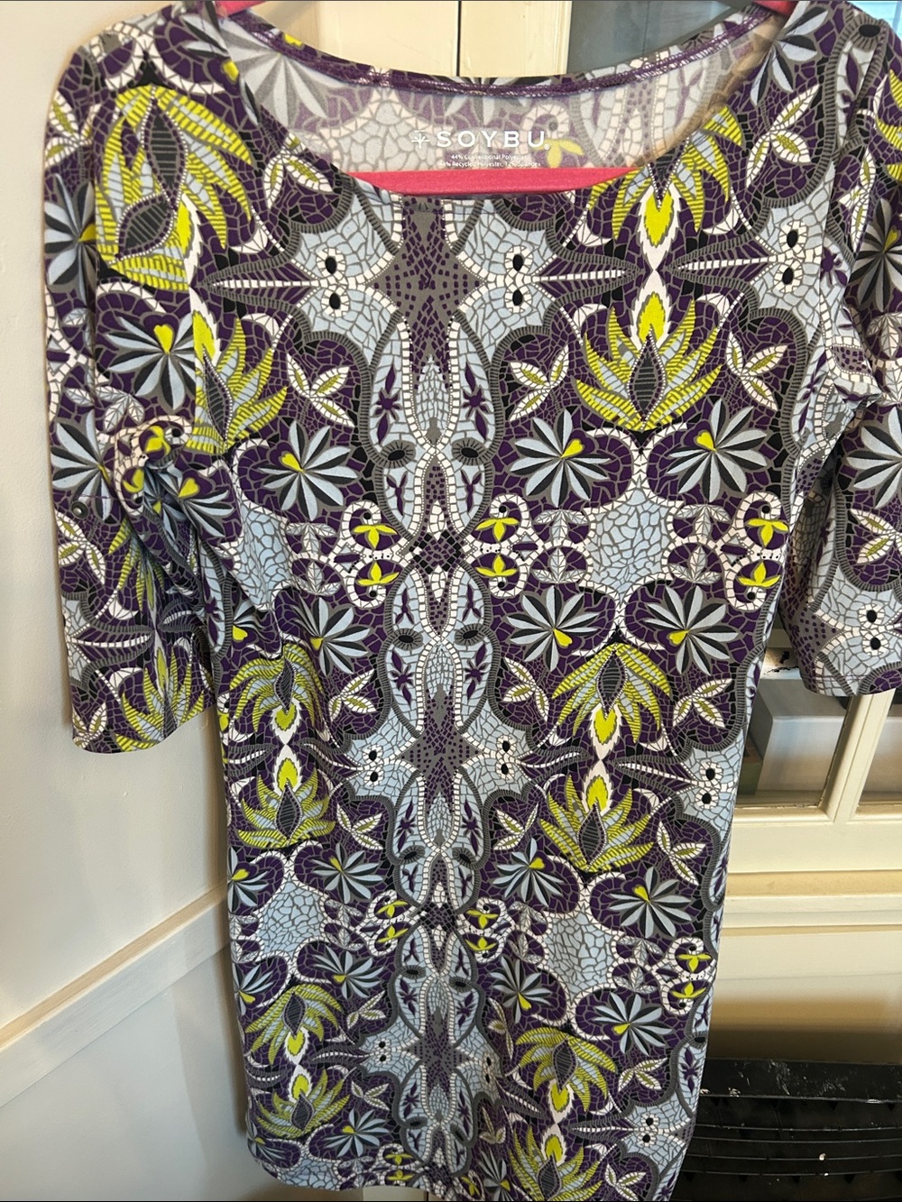 Soybu Purple, Yellow & Gray Patterned Scoop Neck Active Dress